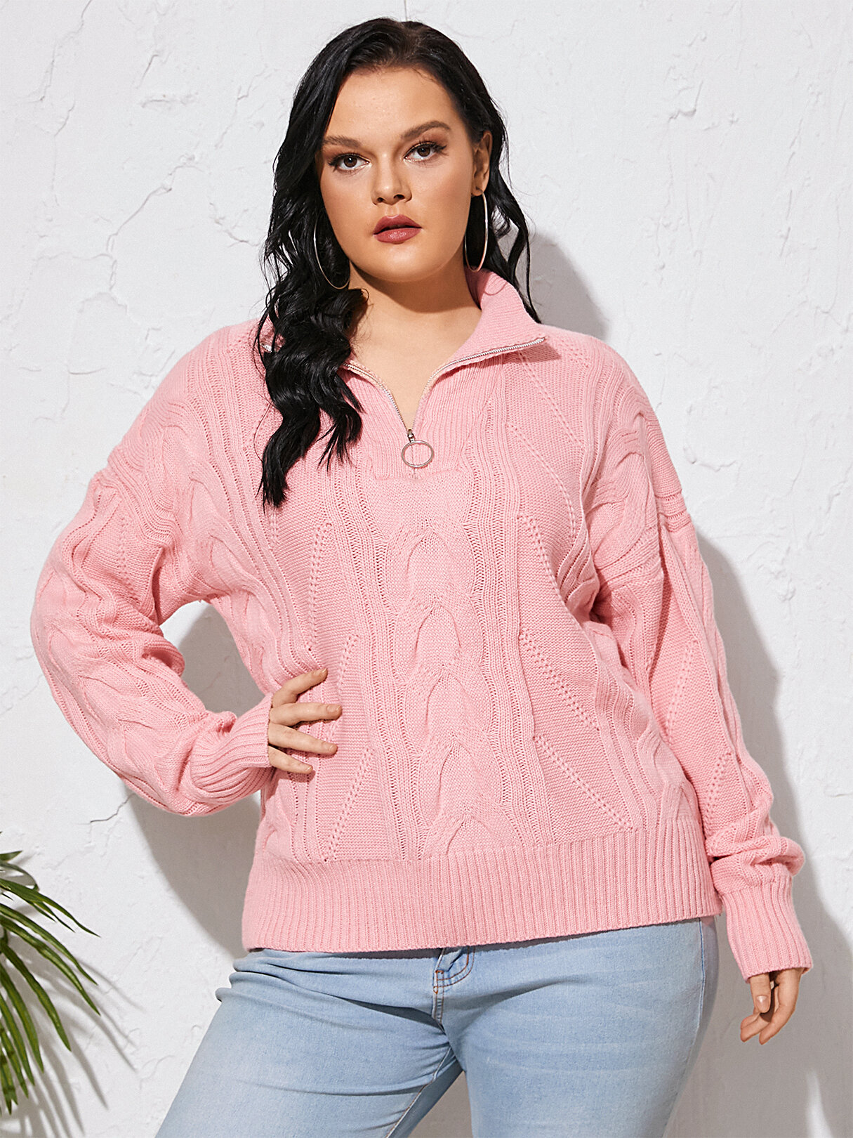 

Plus Size V-neck Zip Front Long Sleeves Sweater