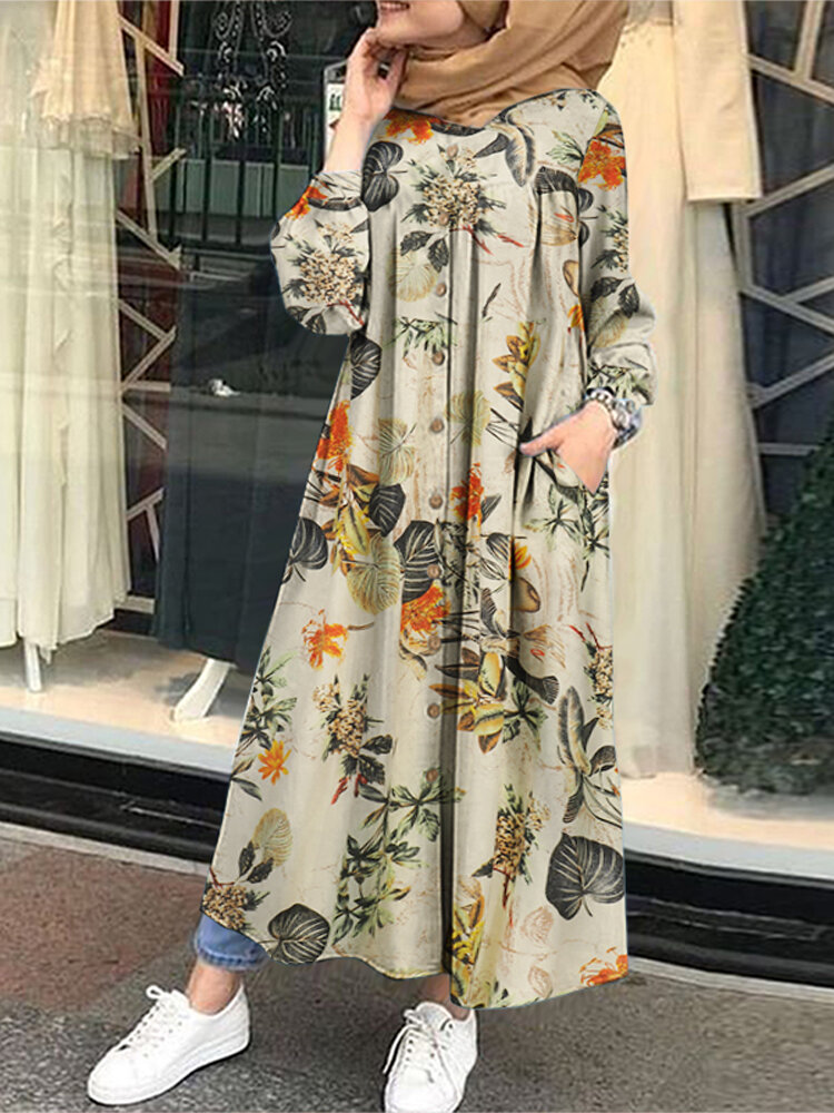 

Цветочный узор Лист Кафтан-туника макси с принтом спереди на пуговицах Платье с боковыми карманами