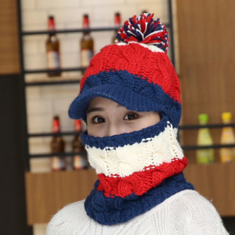 

Women Windproof Thicken Plus Velvet Knit Beanie Hat Earmuffs Warm Patchwork Ski Cap