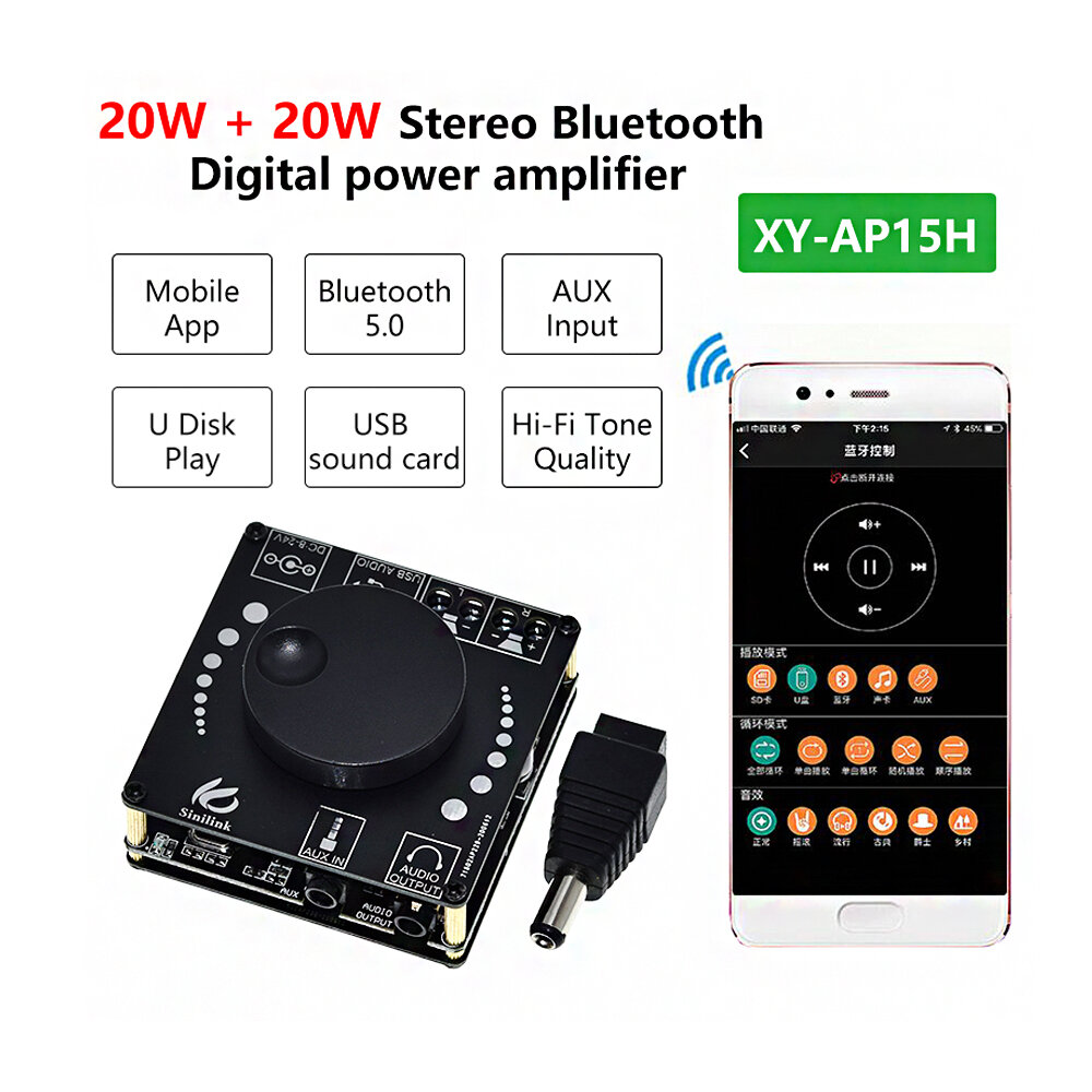 

XY-AP15H bluetooth 5.0 10W/15W/20W Stereo Power Amplifier Board Mobile Control APP 12V/24V High Power Digital Amplifier