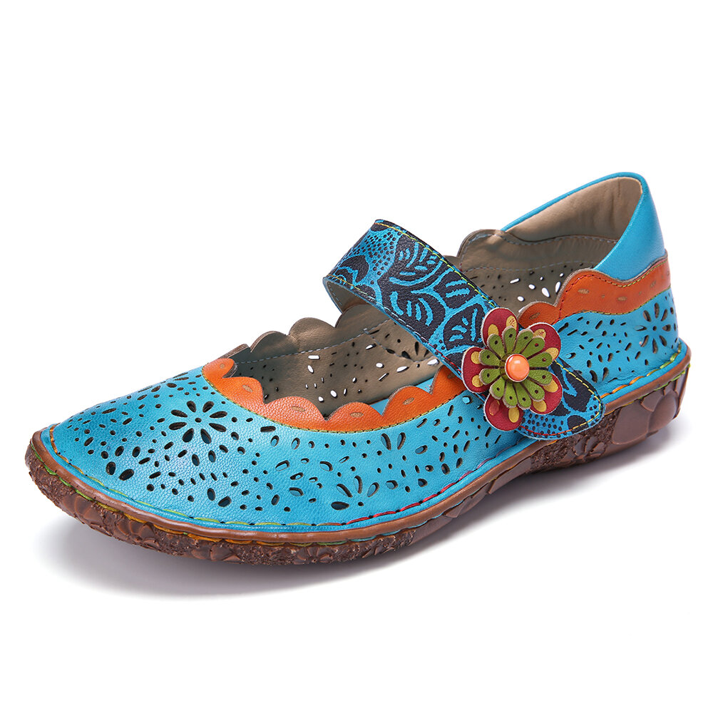 

SOCOFY Bohemian Leather Floral Cutouts Splicing Soft Sole Flower Hook Loop Flat Shoes