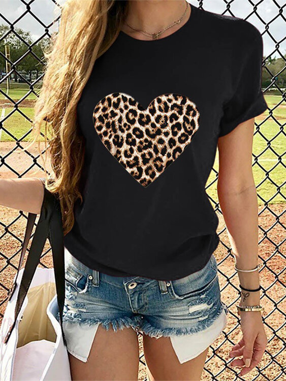 

Леопардовый принт Love Print Круглые Шея Причинные футболки Для Женское