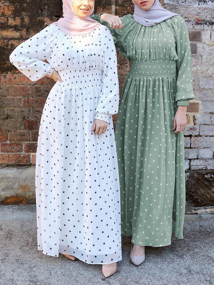 

Женщины с принтом в горошек Шея плиссированные эластичные талии с длинным рукавом элегантные платья макси