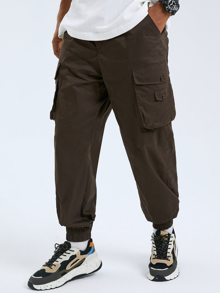 

Men Solid Fashion 100% Cotton Plain Multi-Pocket Button Fly Cargo Pants