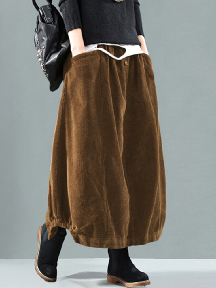 

Женская вельветовая пуговица с эластичной резинкой на талии Твердая юбка в стиле ретро с карманом