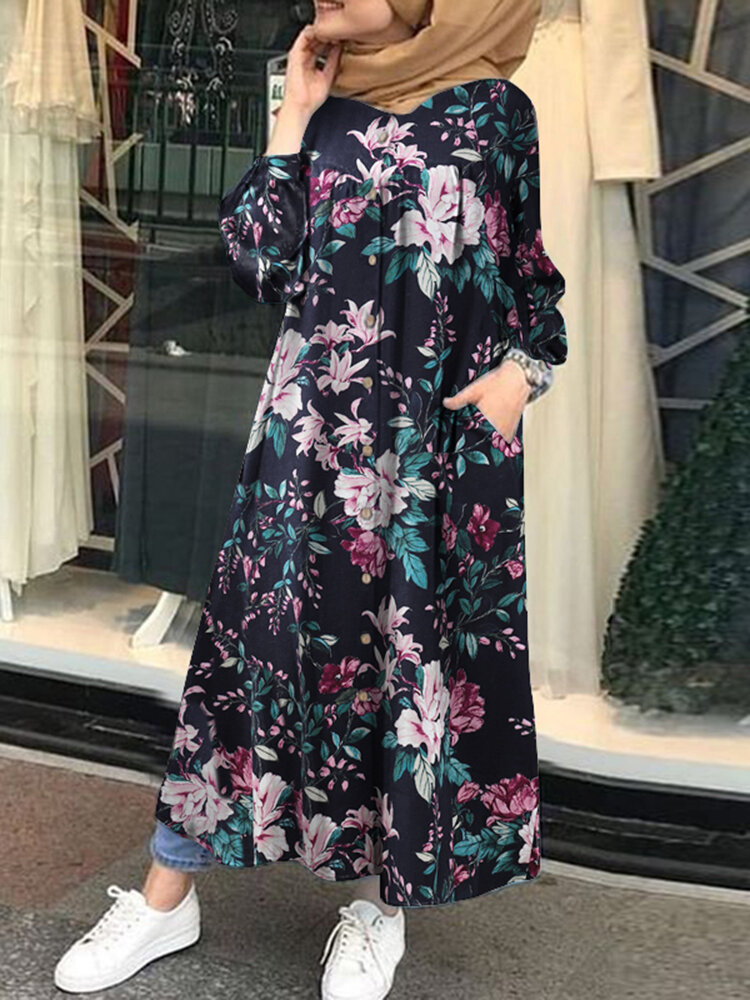 

Женщины 100% хлопок с цветочным принтом до середины икры Длина Кафтан Макси-платья с боковым карманом