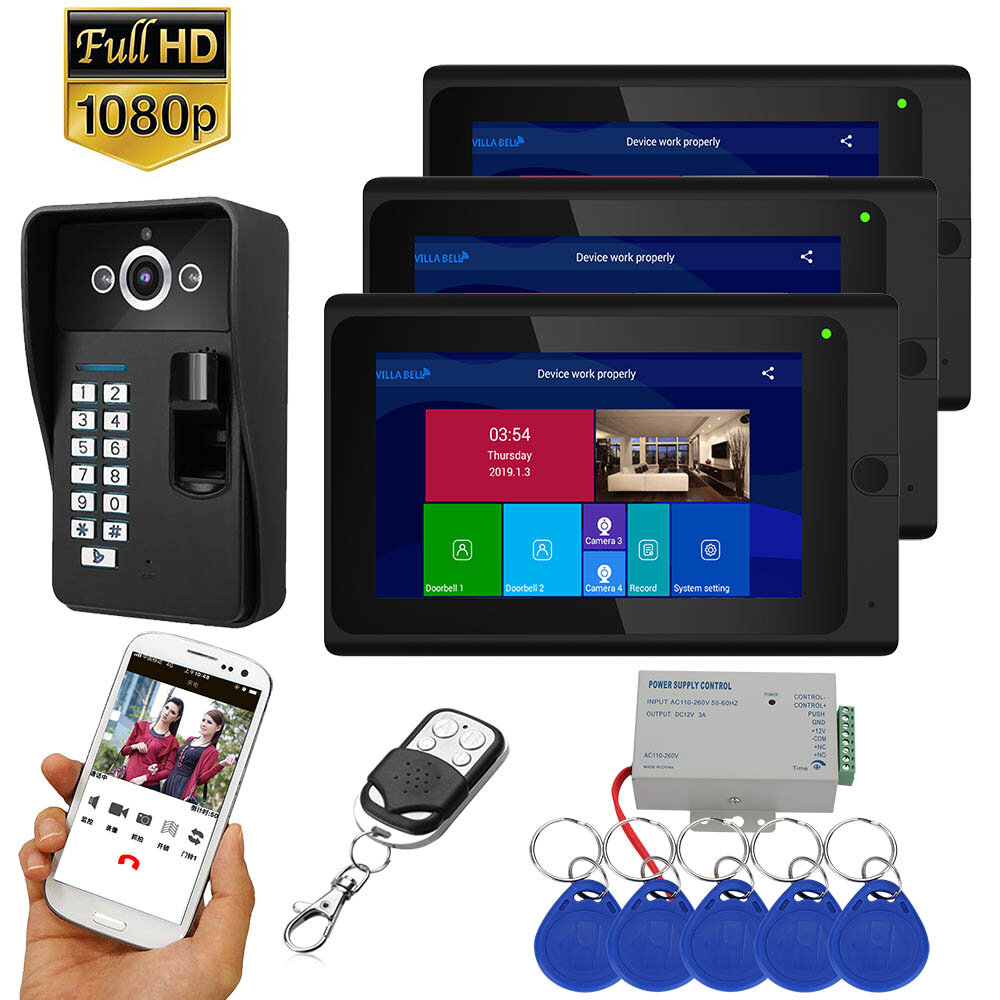 

ENNIO 7 inch 3 Monitors Wifi Wireless Fingerprint RFID Video Door Phone Doorbell Intercom System with Wired AHD 1080PD