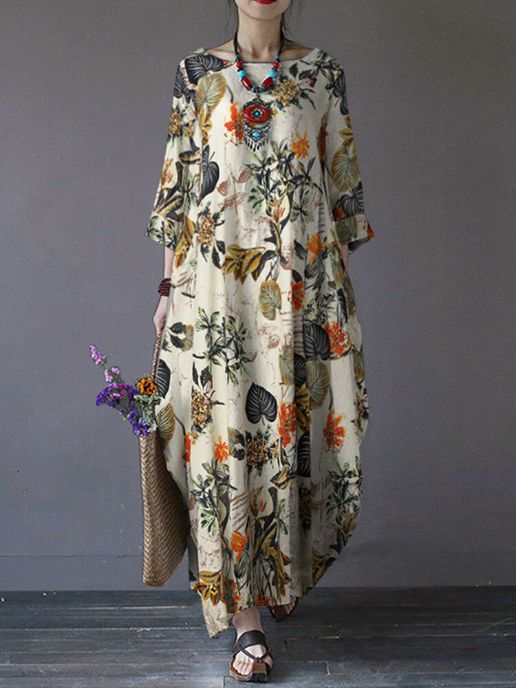 

Женщины хлопок с цветочным принтом Винтаж 3/4 рукава мешковатые платья макси с карманом