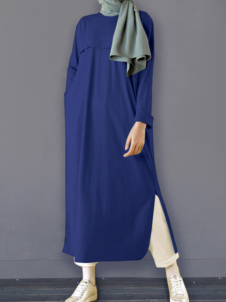 

Женская однотонная вязаная кафтановая туника с круглым вырезом и длинным рукавом, повседневная свободная юбка с разрезом
