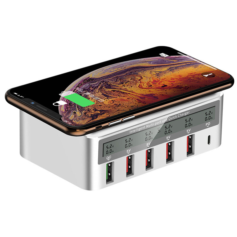 

iHaitun 100W 6-Port USB PD Charger PD3.0 QC3.0 LED Digital Display Desktop Charging Station 10W Wireless Charger Fast Wi