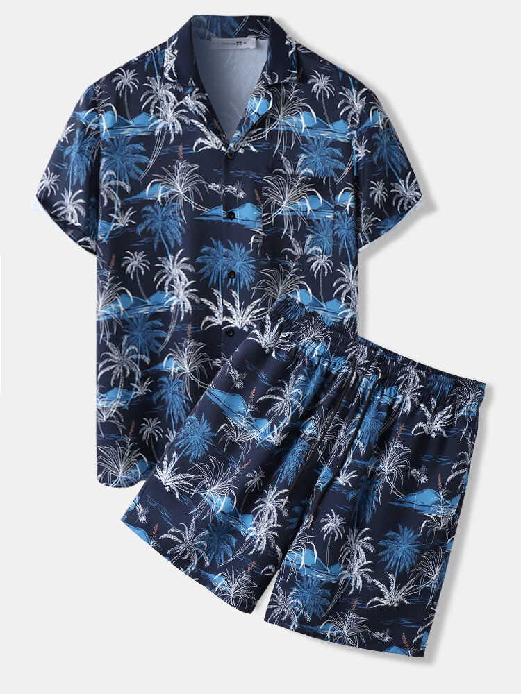 

Mens Allover Кокос Tree Print Revere Collar Vacation Two Pieces Outfits