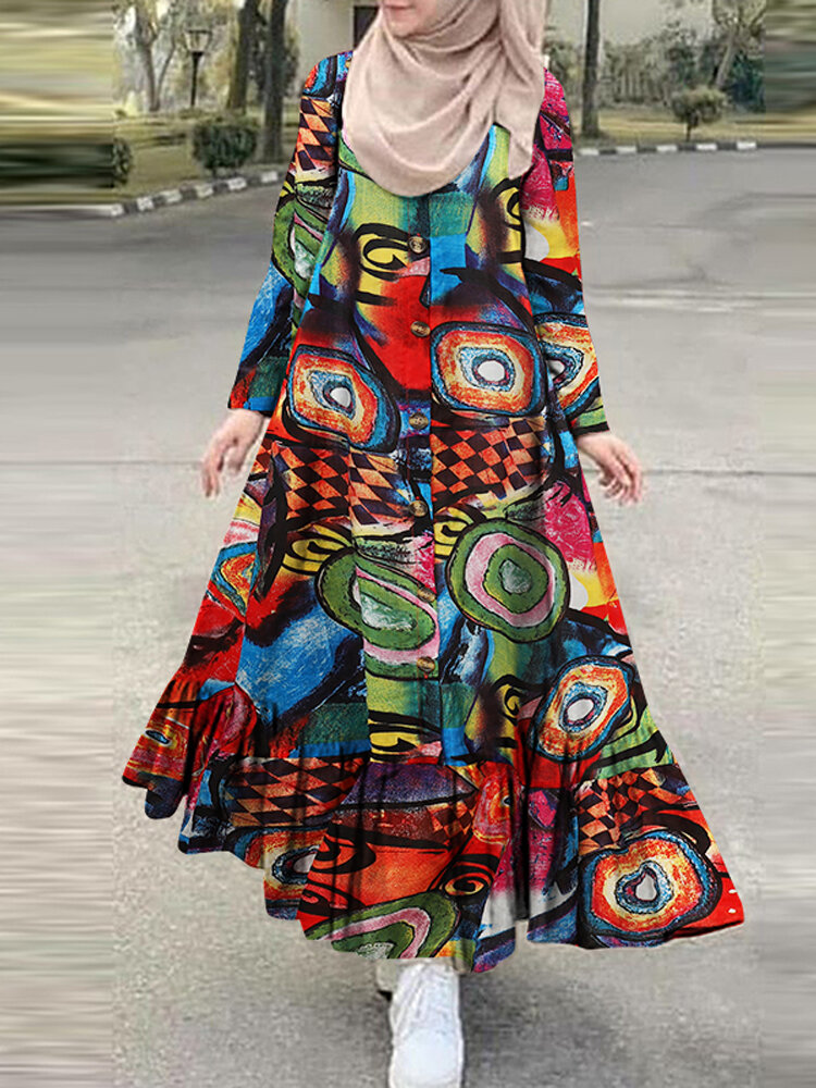 

Женщины хлопок цвет абстрактный печати свободный Халат повседневные оборки подол богемный макси Рубашка Платье