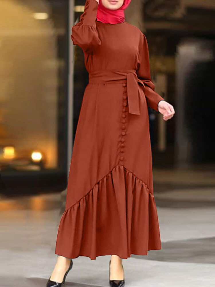 

Женское мусульманское макси-платье с рюшами и лоскутным краем, однотонное платье с поясом, Абая Кафтан