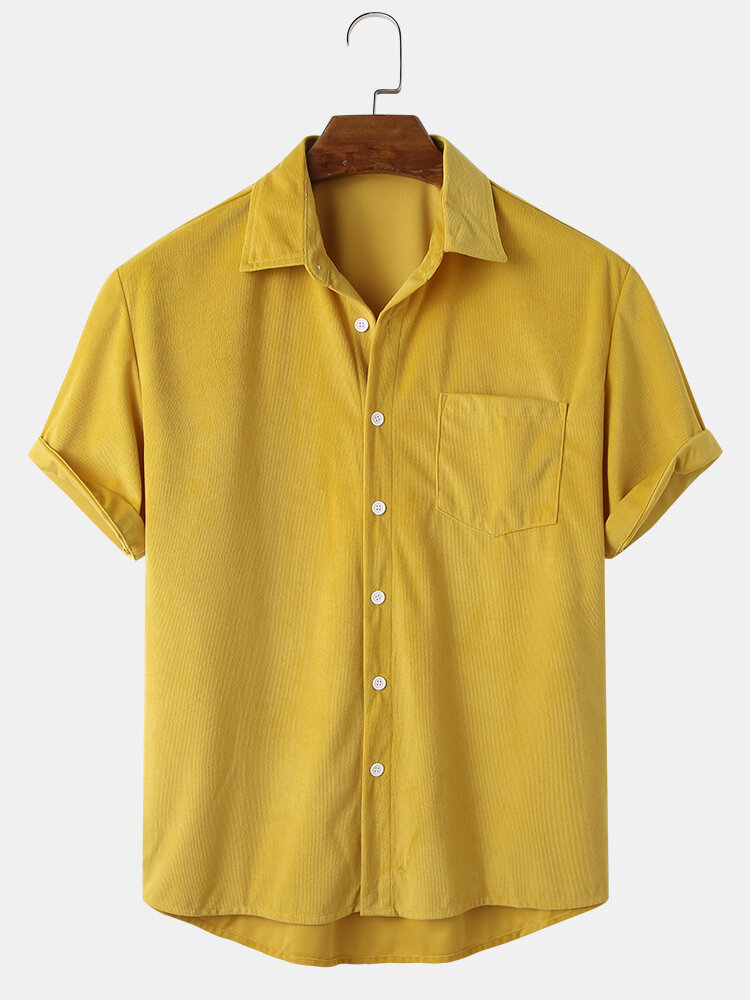 

Banggood Design Thin Corduroy Dense stripes Solid Turn Down Collar Chest Pocket Short Sleeve Shirts