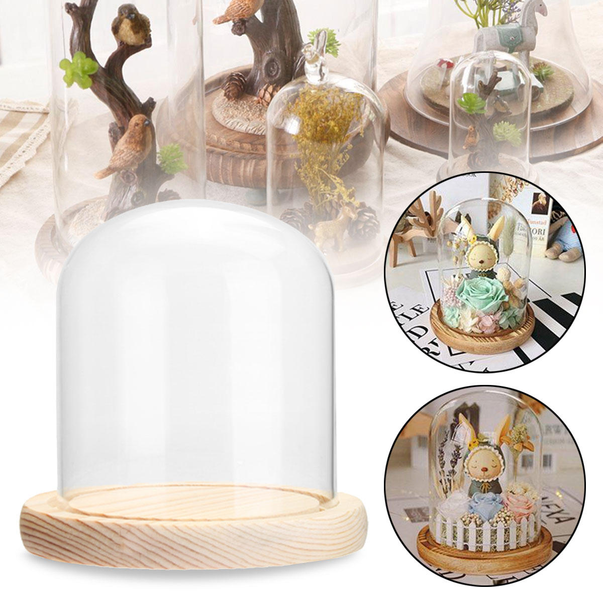 

Clear Glass Dome Wooden Base Cloche Bell Jar Display Stand Micro Landscape DIY Vase Room Decorations