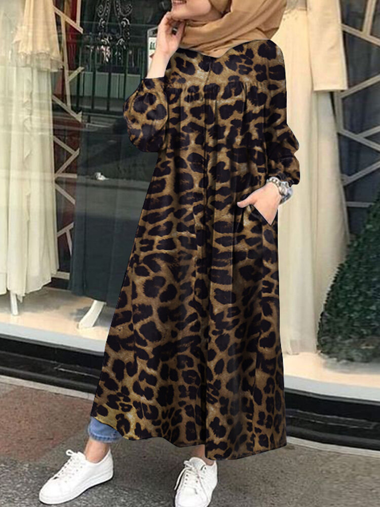 

Кафтан-туника макси с леопардовым принтом спереди Платье с боковыми карманами