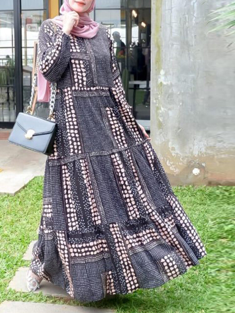 

Женские нерегулярные круглые платья в горошек Шея Многоярусные праздничные повседневные платья макси с длинным рукавом
