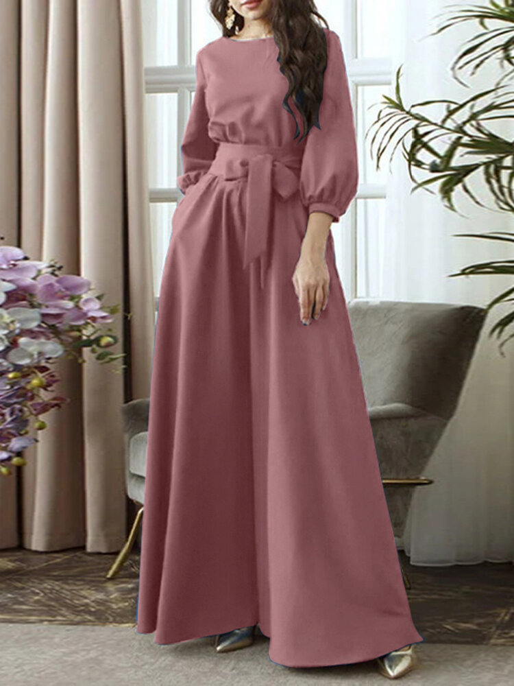

Сплошной цвет с поясом с круглым вырезом на шнуровке и боковым карманом рукава 3/4 Винтаж Макси Платье