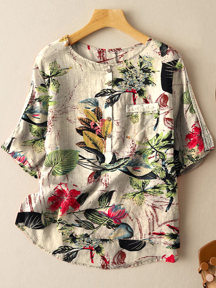 

Хлопок Растение Повседневная блузка с короткими рукавами и карманом на пуговицах с принтом в стиле пэчворк