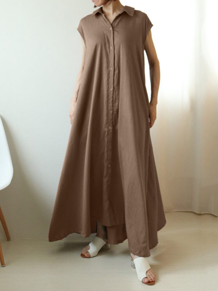 

Сплошной лацкан на пуговицах со складками и короткими рукавами Maxi Рубашка Платье