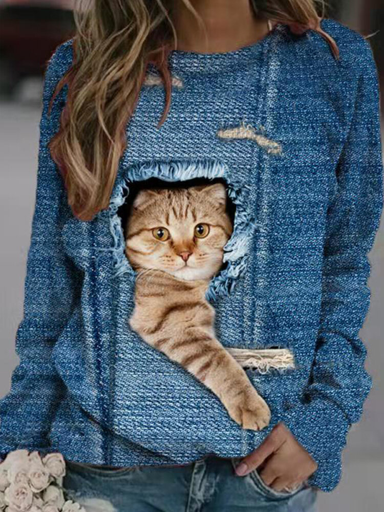 

Женщины Дизайн 3D Кот Пуловер с принтом с длинным рукавом Симпатичные кофты