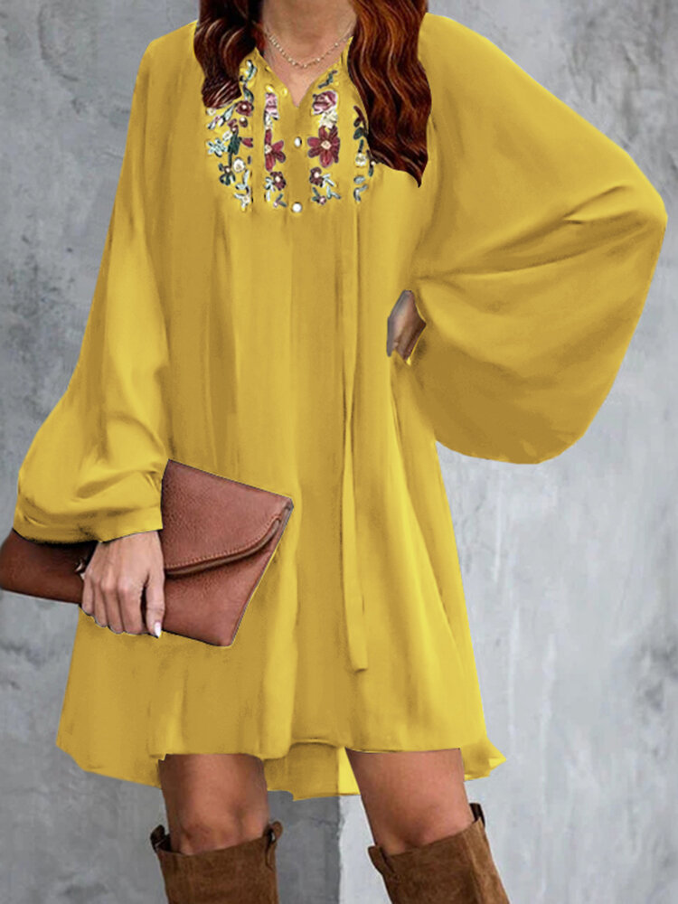 

Цветочная вышивка Puff Sleeve Lace-Up Loose Bohemian Mini Платье Для Женское