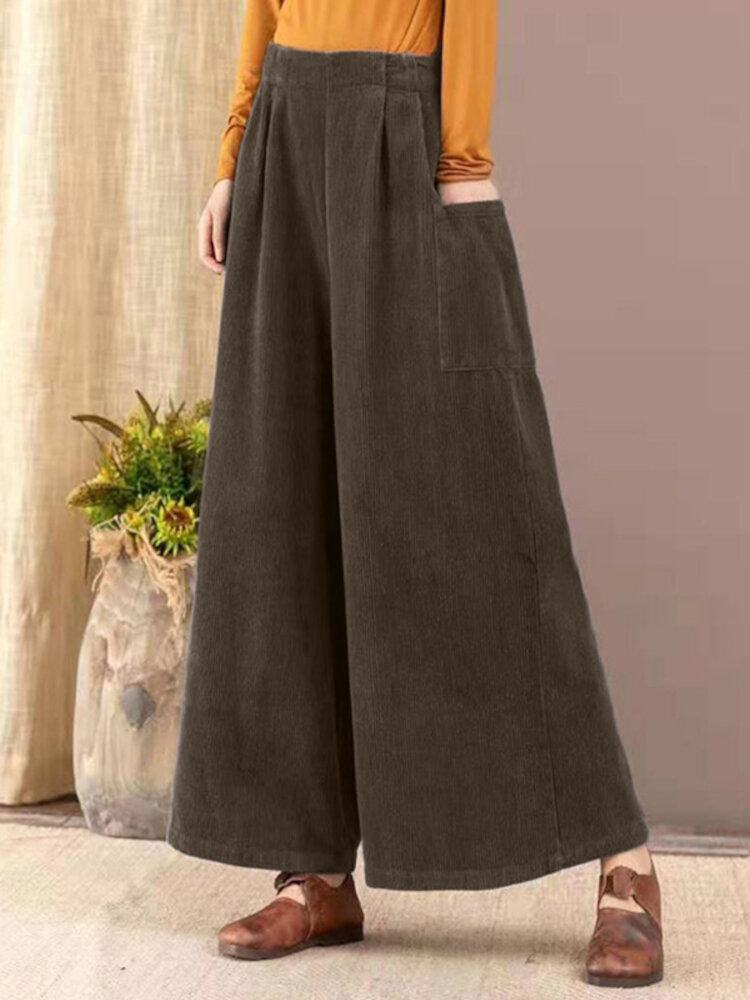 

Женщины Corduroy Винтаж Высокая эластичная талия Повседневная широкая штанина Брюки с карманом