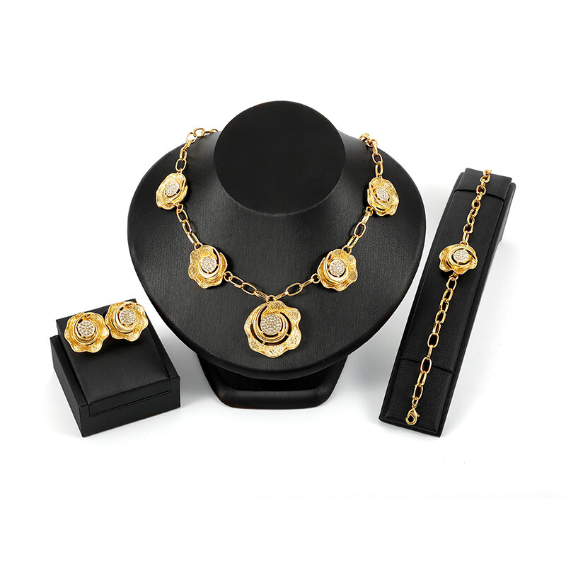 

Люкс Люкс комплект ювелирных изделий Rhinestone 18K Золото Flower Шарм Ожерелья Серьги Ювелирные изделия для Женское