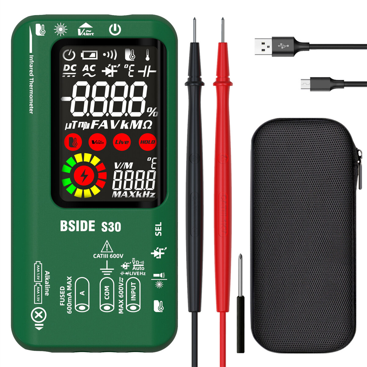 

BSIDE S30 Smart Мультиметр с инфракрасным измерением температуры, цветной экран, высокоточный тестер емкости, сопротивле