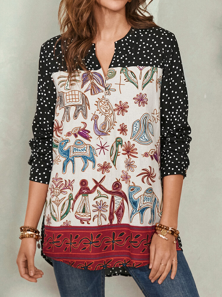 

Plus Size Women Polka Dot Animal Print Stitching V-Neck Ethnic Style Long Sleeve Blouses