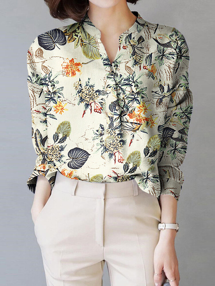 

Блуза с длинными рукавами и воротником-стойкой с принтом Allover Plants