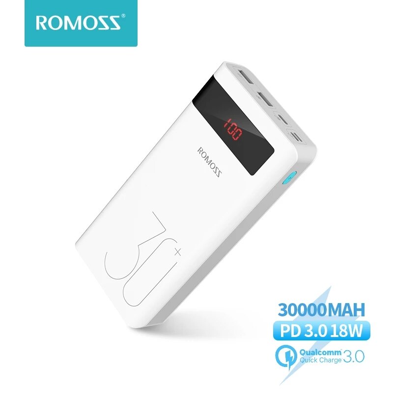 

ROMOSS Sense 8P + 30000 мАч Внешний аккумулятор 3 выхода и 2 входа USB-C PD3.0 Быстрая зарядка 18 Вт для iPhone 12 Pro M