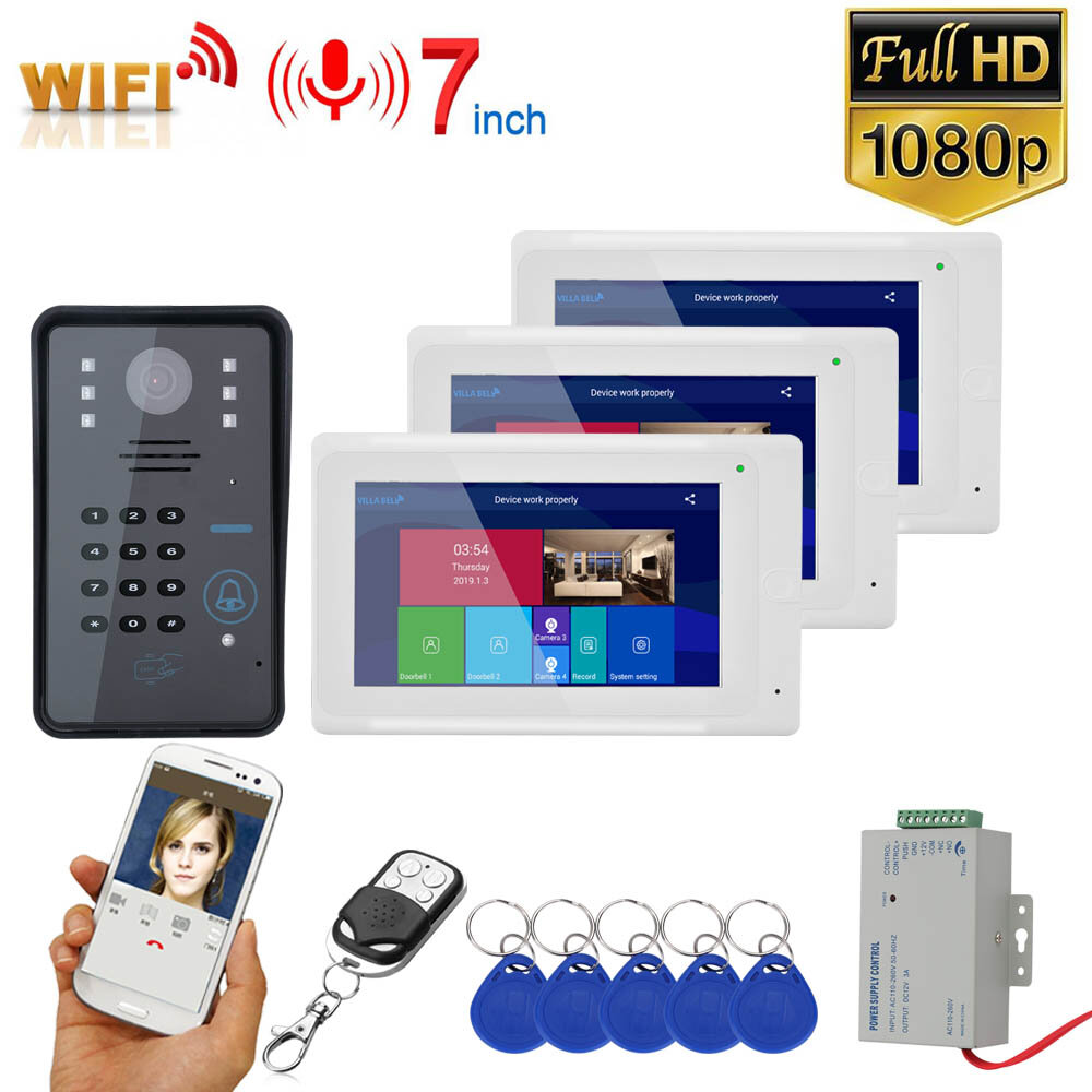 

ENNIO 7inch 3 Monitors Wireless Wifi RFID Password Video Doorbell Intercom Entry System with Wired IR-CUT 1080P Wired Ca