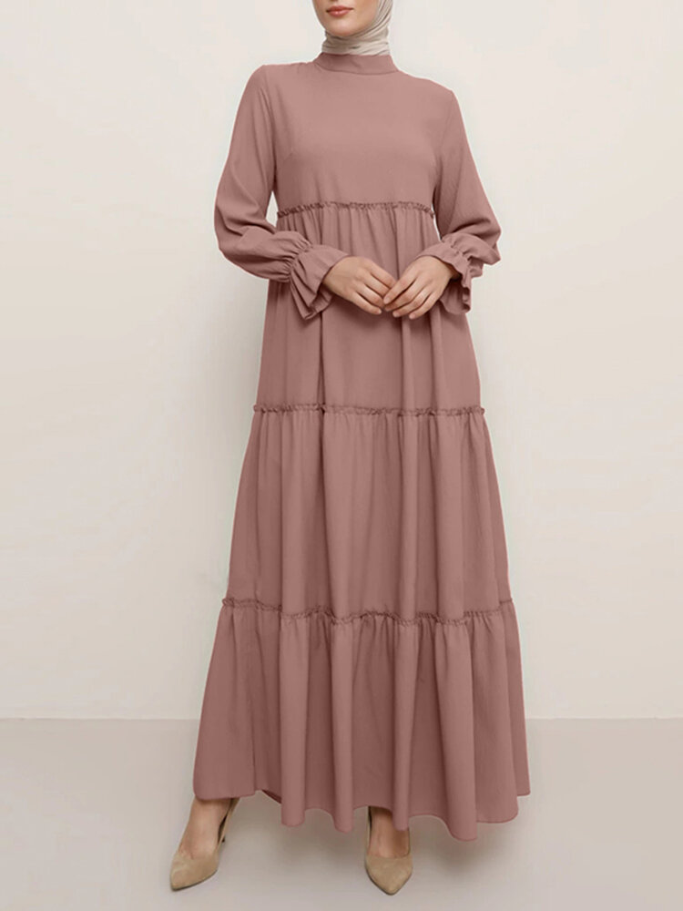 

Женщины сплошной цвет воротник-стойка кафтан туника оборками рукав многоуровневый Платье