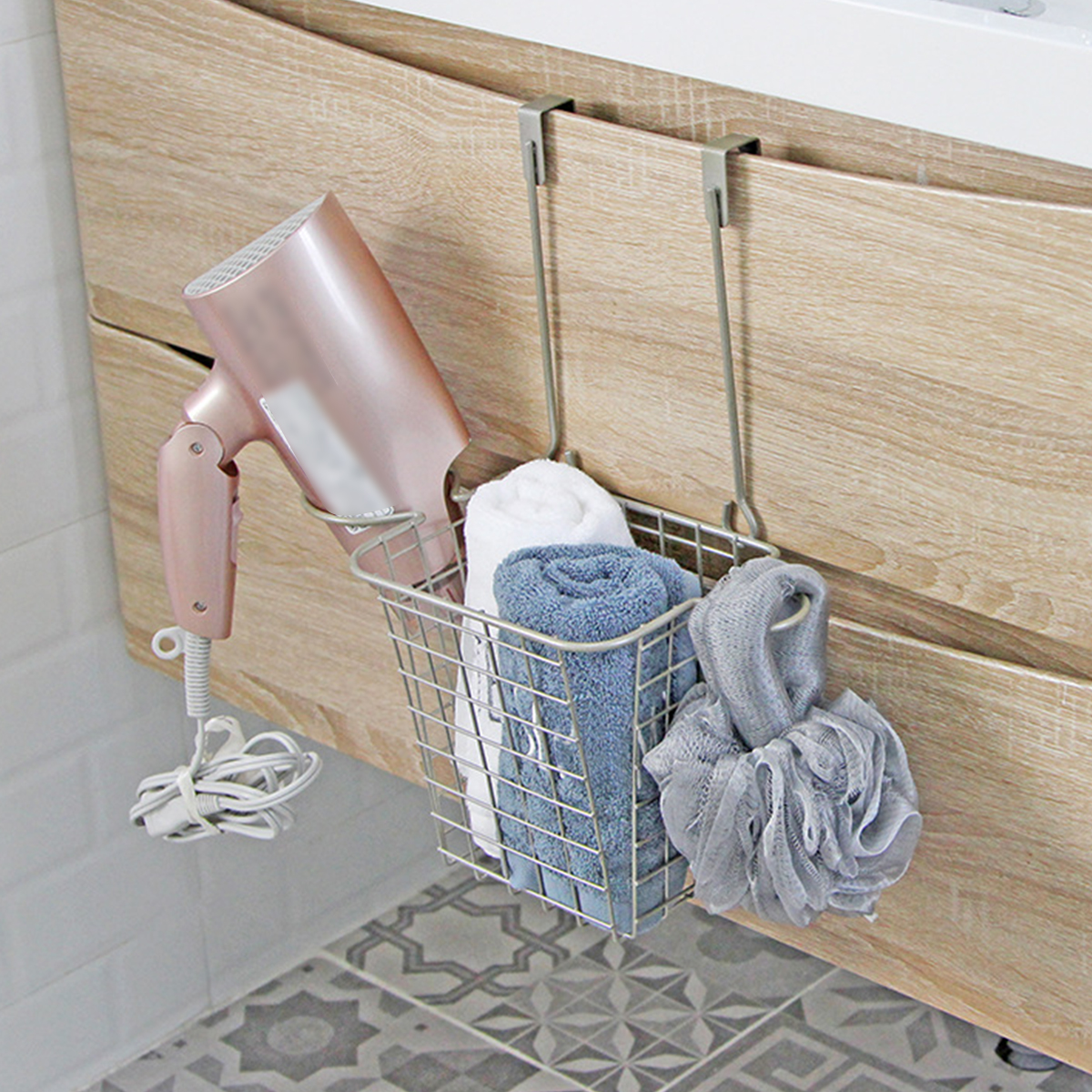 Bathroom Storage Basket Desktop Organizer Rack Shelf Hair Dryer Comb Holder Cabinet Drawer Door Hanger—7