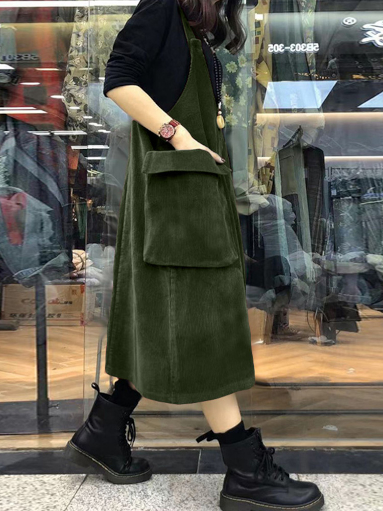 Women Corduroy V-Neck Sleeveless Solid Retro Casual Pockets Dress 6