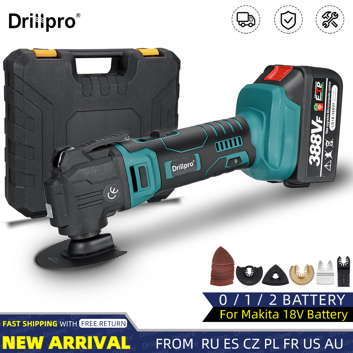 Find Drillpro 388VF Oscillating Multi-Tools Plastic Box Single and Double Battery Brushed Lithium Battery Universal Treasure with Accessories for Sale on Gipsybee.com with cryptocurrencies