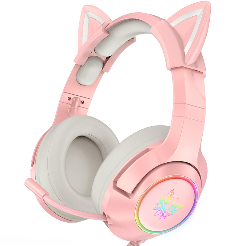 ONIKUMA Wired Headphones Stereo Dynamic Drivers Noise Reduction Headset 3.5MM RGB Luminous Pink Cat Ear Adjustable Over-Ear Gaming Headphones with Mic 1