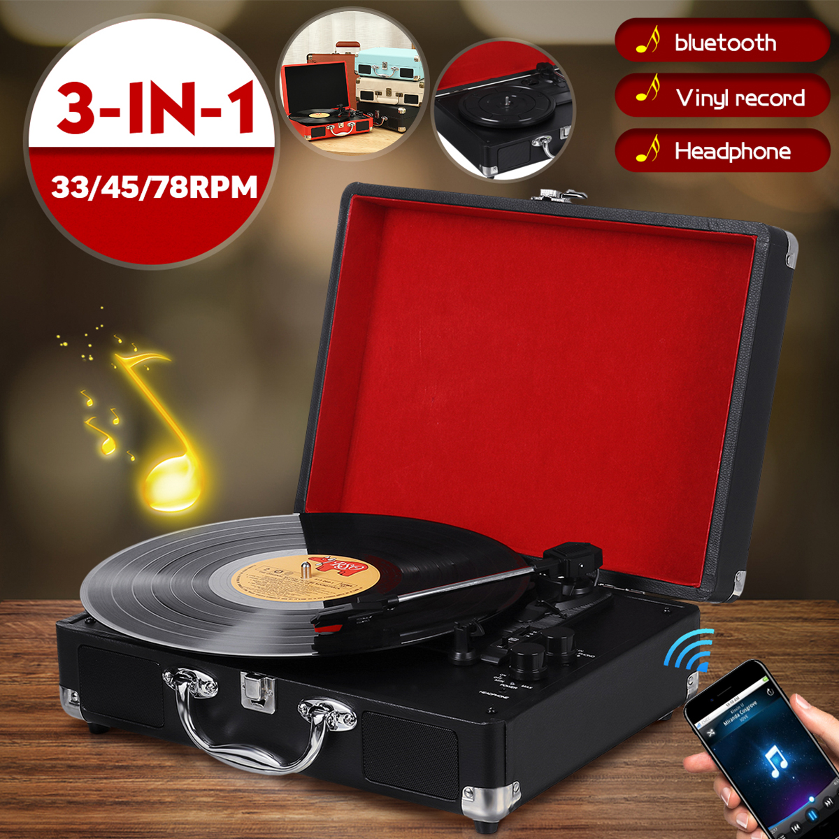 Find Vinyl Turntable Record Player LP Disc 33/45/78 RPM bluetooth Portable Leather Gramophone Phonograph Speaker 3 5mm Antique Retro for Sale on Gipsybee.com with cryptocurrencies