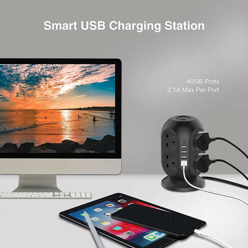 Find 3M Extension Lead Cable Surge Protected Tower Power Socket with 8Way 4 USB for Sale on Gipsybee.com with cryptocurrencies