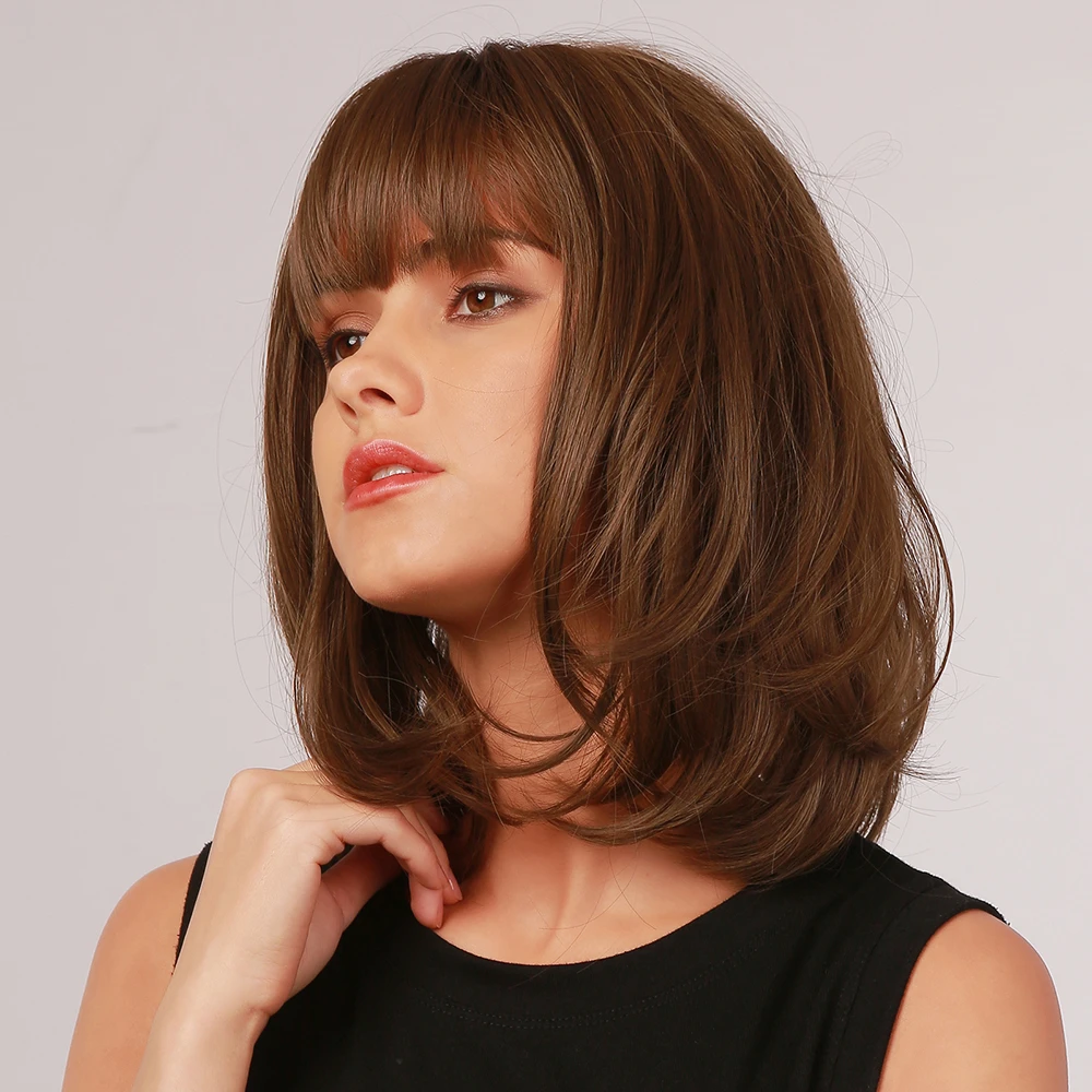 Find 12 Inch Dark Brown Short Straight Hair Bangs Bob Head Full Head Cover Wig for Sale on Gipsybee.com