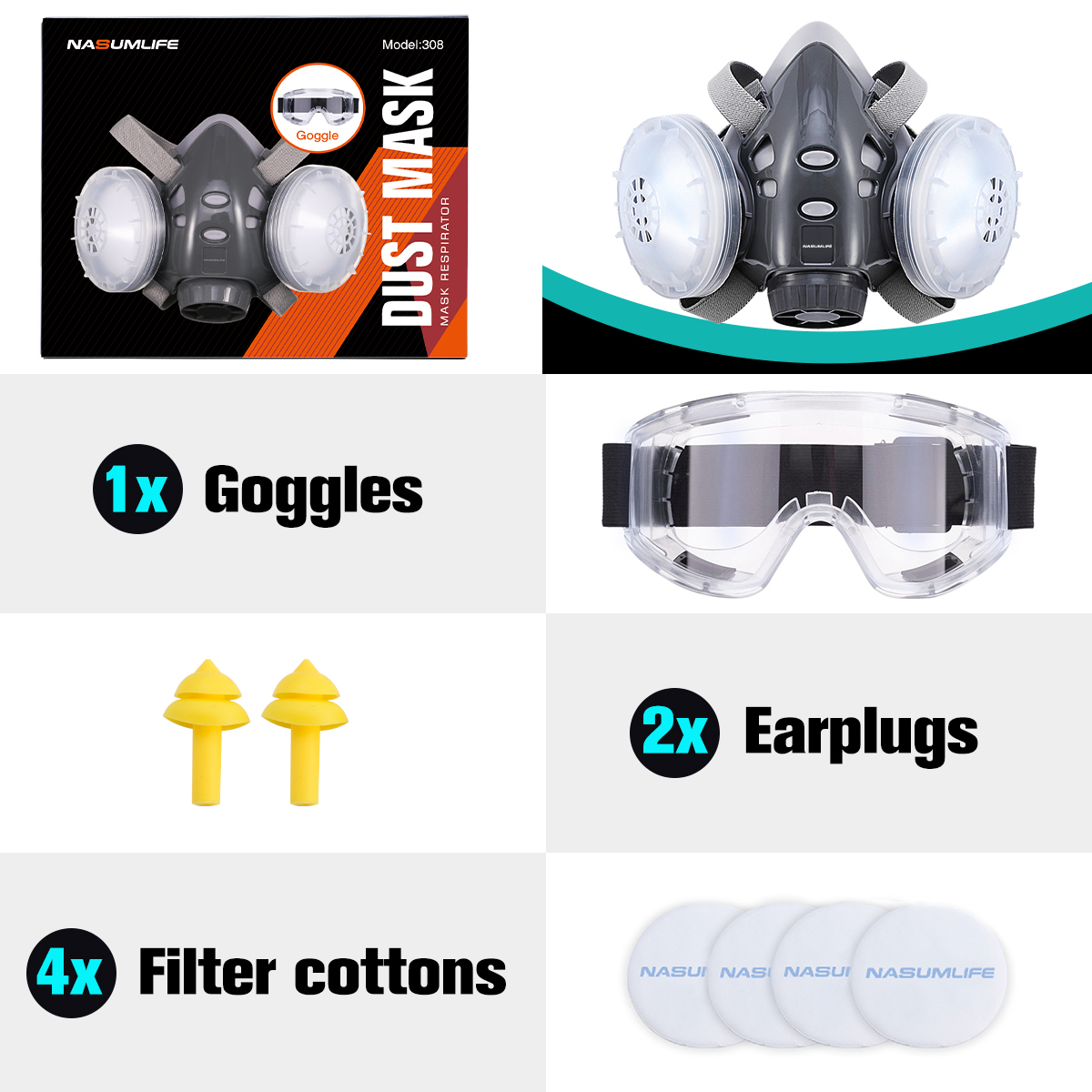 Find NASUM 308 Respiratory Face Cover Mask Reusable Glasses Goggle with Ear Plugs Filters for Dust Protection Polishing for Sale on Gipsybee.com with cryptocurrencies