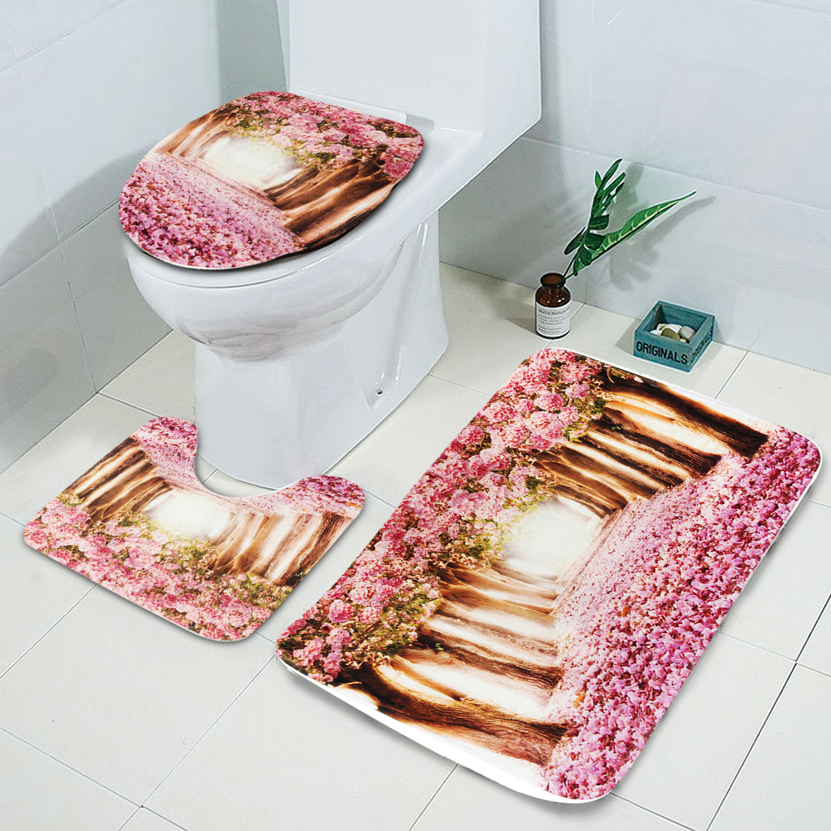 Find 3Pcs/Set Sakura Pattern Home Bathroom Non Slip Pedestal Rug Lid Toilet Cover Bath Mat Carpet Pad for Sale on Gipsybee.com with cryptocurrencies