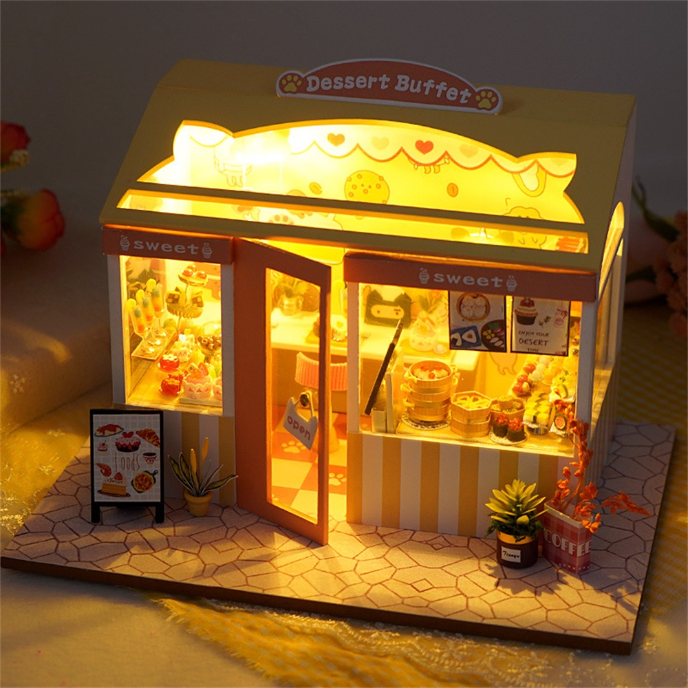 Wooden Creative Multi-style DIY Handmade Mini Three-dimensional Doll House Model Toy with LED Lights for Kids Gift 4