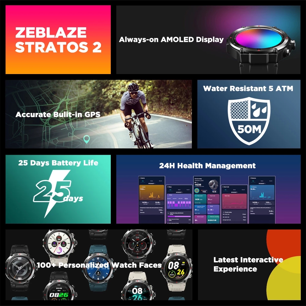 [IN STOCK] Zeblaze Stratos 2 360*360px Always-On AMOLED Display 4 Satellite 3 Modes GPS Heart Rate SpO2 Monitor 100+ Watch Faces 5ATM Waterproof Smart Watch 3