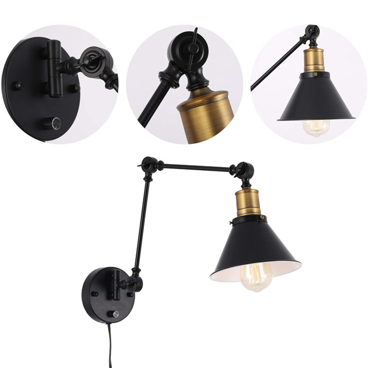 Find 1PCS/2PCS 60W 110V US Plug Industrial Black Sconce Adjustable Swing Arm Angle Vintage Wall Mount Plug in Lamp for Sale on Gipsybee.com with cryptocurrencies