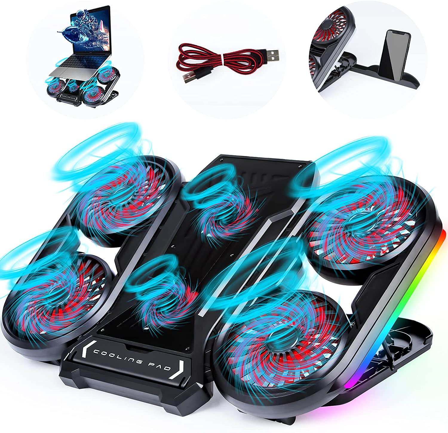 NUOXI Q6 Gaming Laptop Cooler RGB Cooling Pad Radiator USB 6 Fans Computer Stand with Mobile Phone Holder for Under 18" Laptop 1