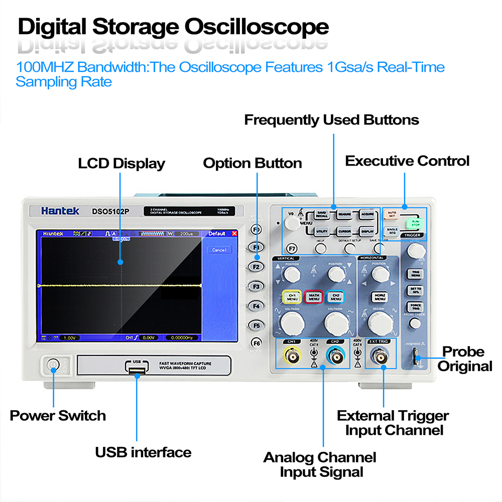 Hantek DSO5102P Oscilloscopio con Memoria Digitale USB a 2 canali 100MHz campionamento in tempo reale 1GSa/s 4