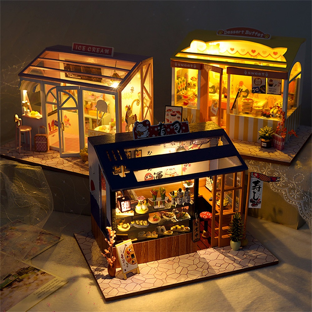 Wooden Creative Multi-style DIY Handmade Mini Three-dimensional Doll House Model Toy with LED Lights for Kids Gift 2