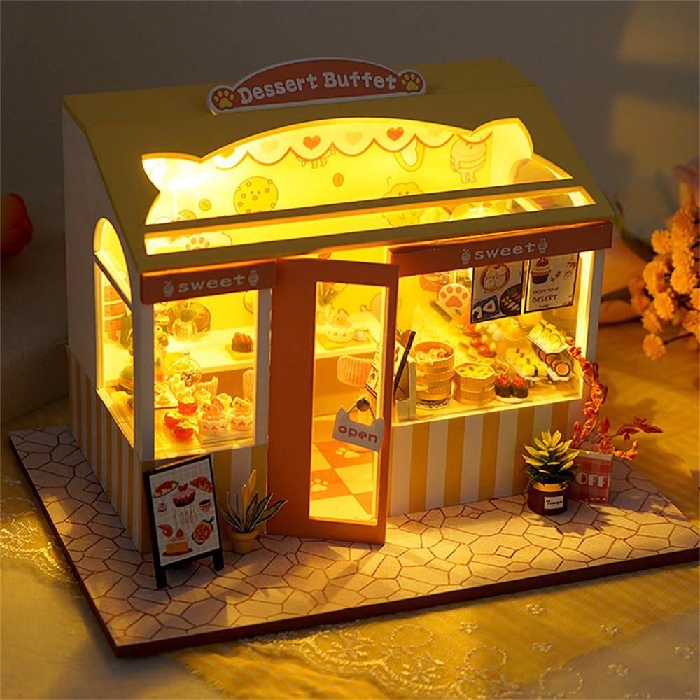 Wooden Creative Multi-style DIY Handmade Mini Three-dimensional Doll House Model Toy with LED Lights for Kids Gift 5